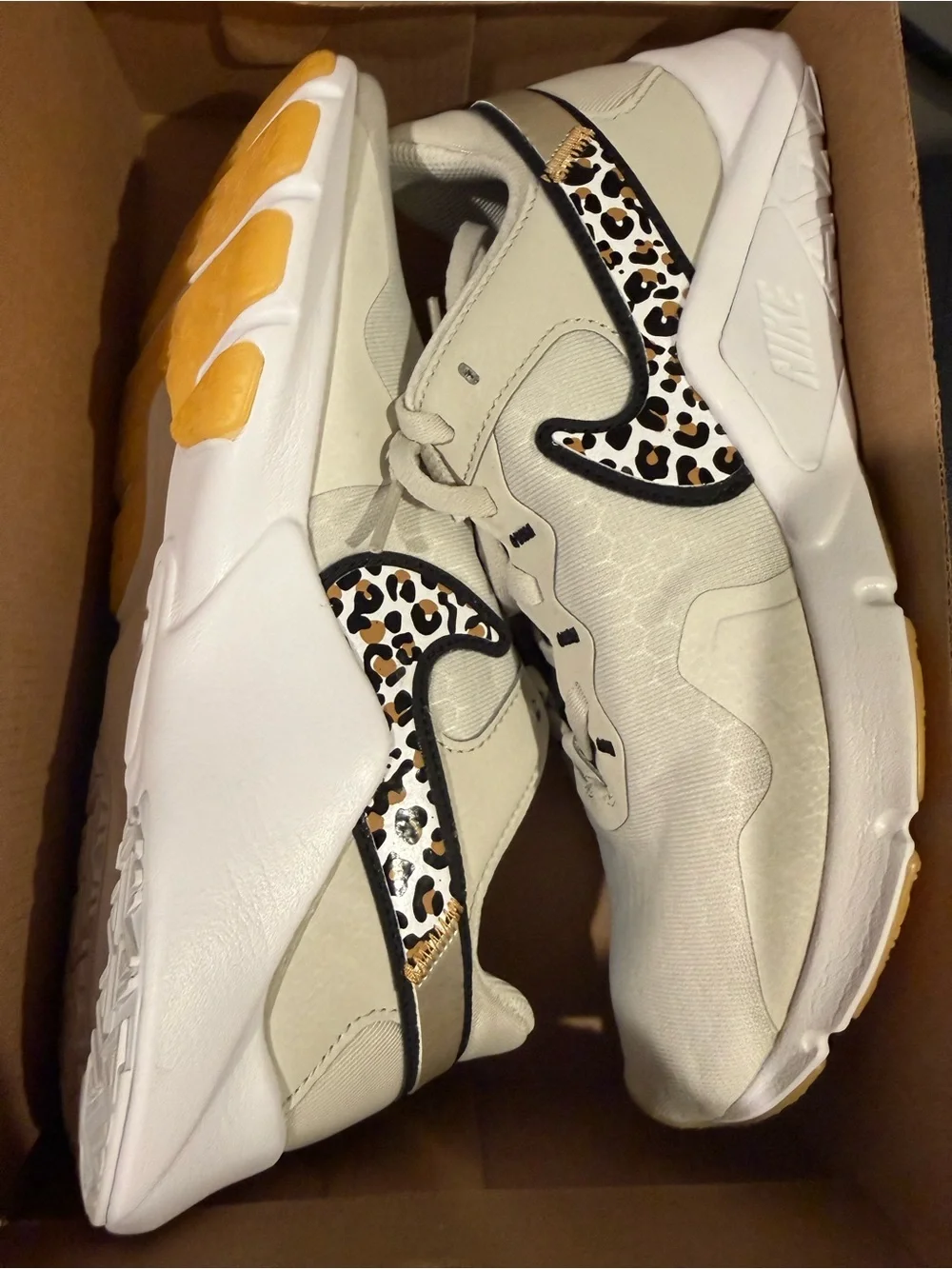 Nike Women Cream Sneaker with Leopard-Print Swoosh